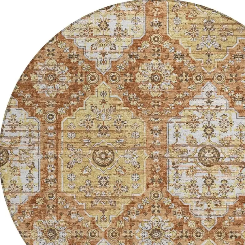 8' Copper And Orange Round Damask Washable Indoor Outdoor Area Rug Photo 2