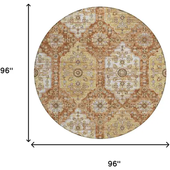 8' Copper And Orange Round Damask Washable Indoor Outdoor Area Rug Photo 6