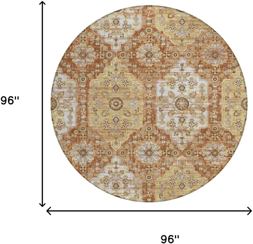 8' Copper And Orange Round Damask Washable Indoor Outdoor Area Rug Photo 6