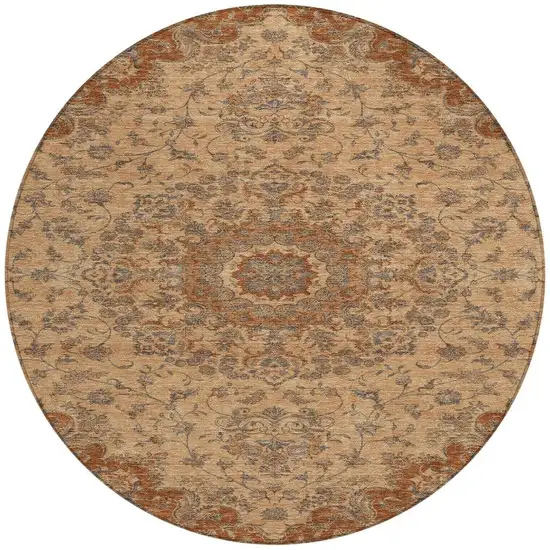 8' Copper And Orange Round Floral Medallion Washable Indoor Outdoor Area Rug Photo 2