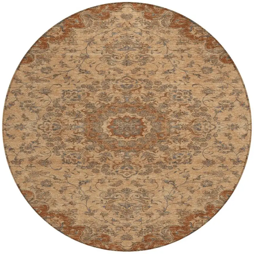 8' Copper And Orange Round Floral Medallion Washable Indoor Outdoor Area Rug Photo 2