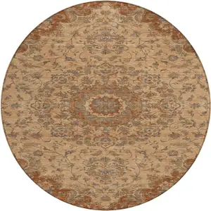 Photo of 8' Copper And Orange Round Floral Medallion Washable Indoor Outdoor Area Rug