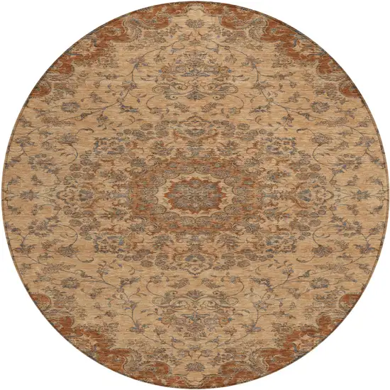 8' Copper And Orange Round Floral Medallion Washable Indoor Outdoor Area Rug Photo 1