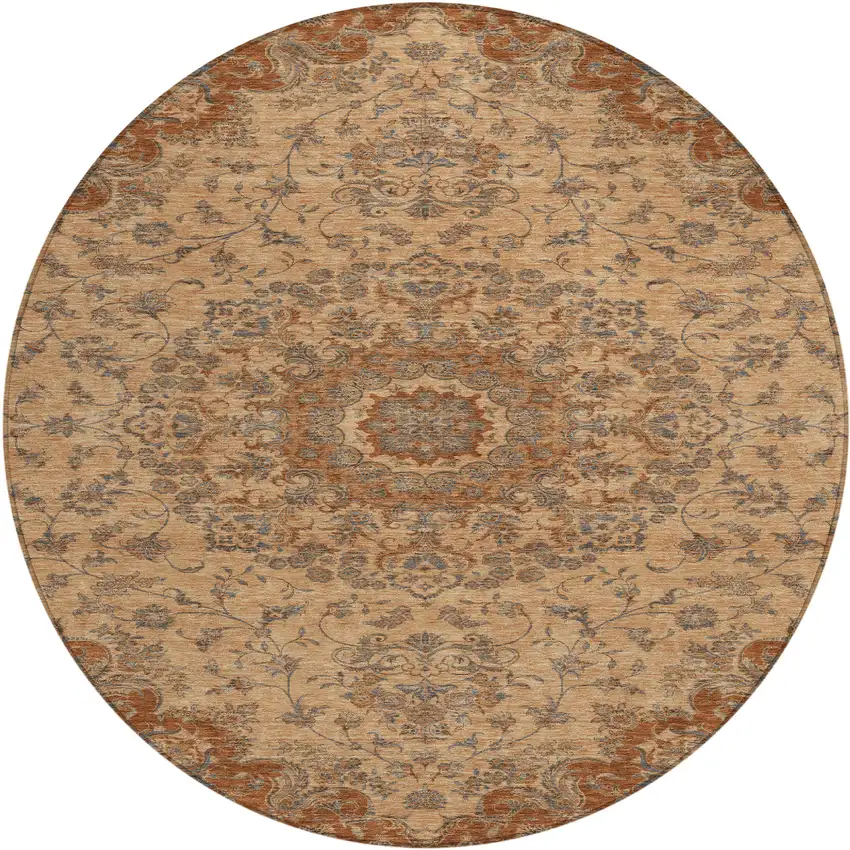 8' Copper And Orange Round Floral Medallion Washable Indoor Outdoor Area Rug Photo 1