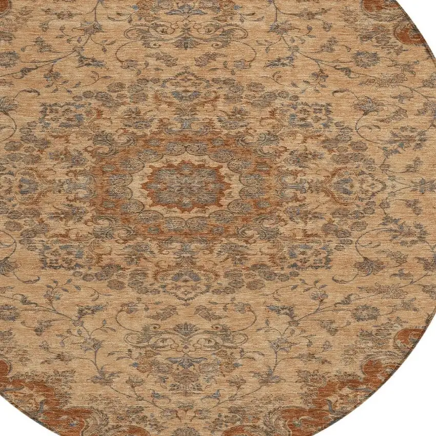 8' Copper And Orange Round Floral Medallion Washable Indoor Outdoor Area Rug Photo 3