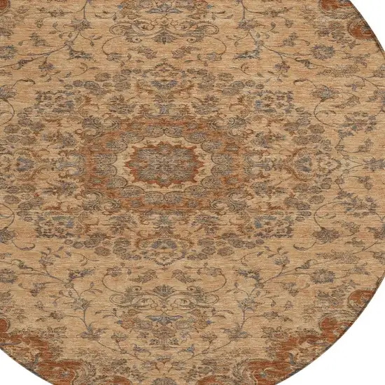 8' Copper And Orange Round Floral Medallion Washable Indoor Outdoor Area Rug Photo 3