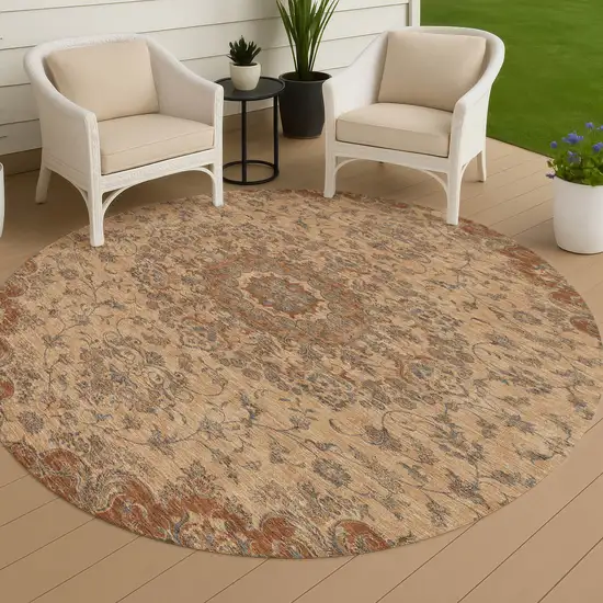 8' Copper And Orange Round Floral Medallion Washable Indoor Outdoor Area Rug Photo 4