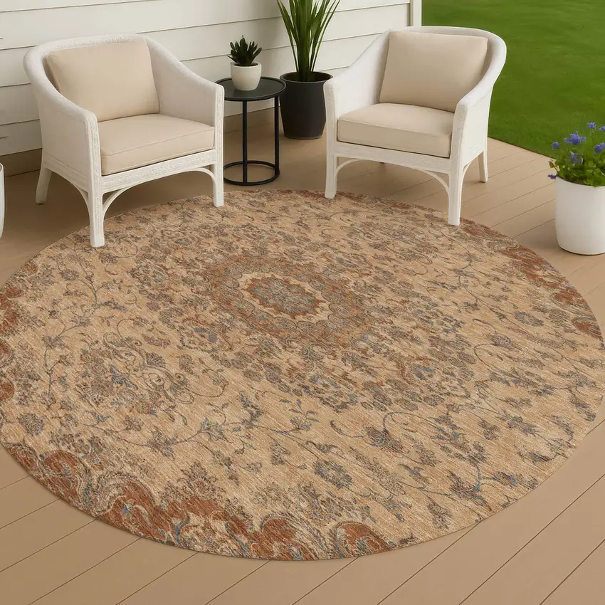 8' Copper And Orange Round Floral Medallion Washable Indoor Outdoor Area Rug Photo 4