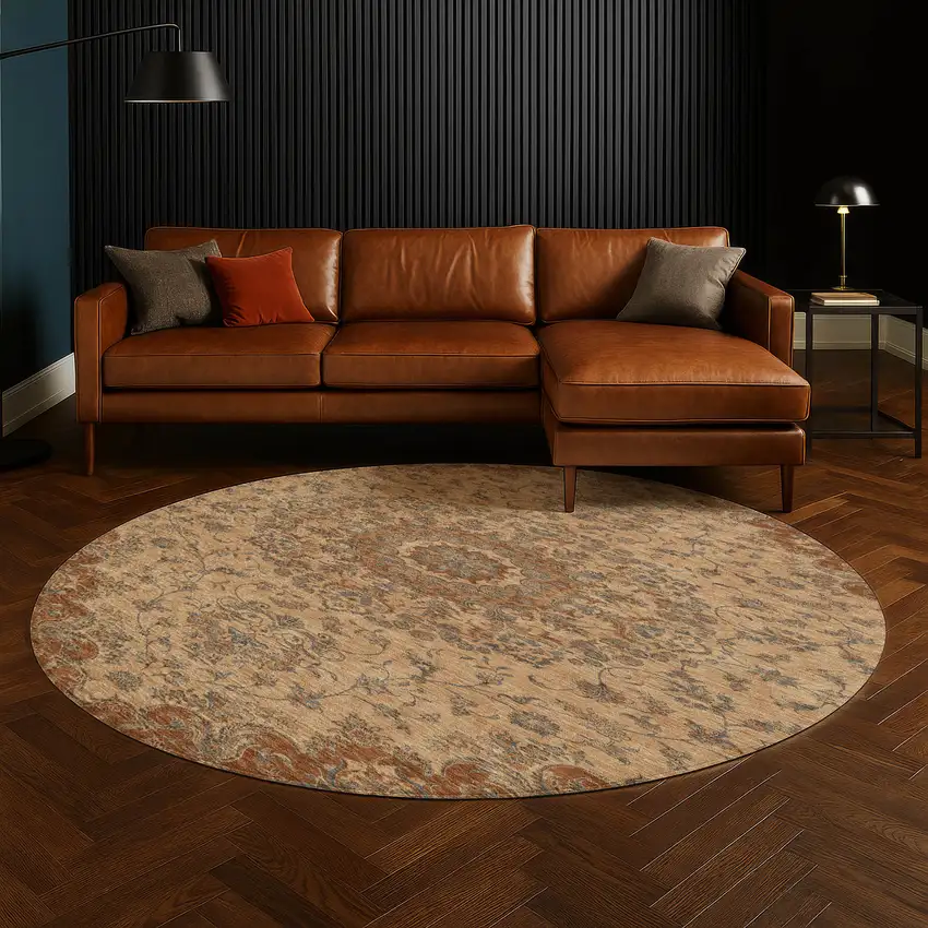 8' Copper And Orange Round Floral Medallion Washable Indoor Outdoor Area Rug Photo 5