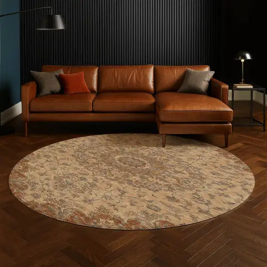 8' Copper And Orange Round Floral Medallion Washable Indoor Outdoor Area Rug Photo 5