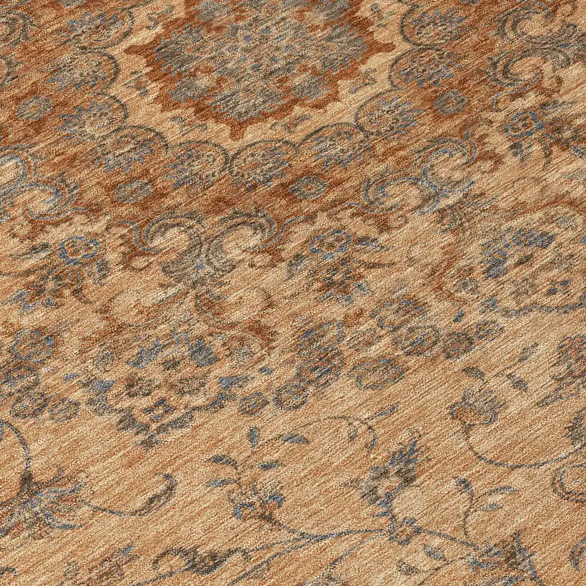 8' Copper And Orange Round Floral Medallion Washable Indoor Outdoor Area Rug Photo 7