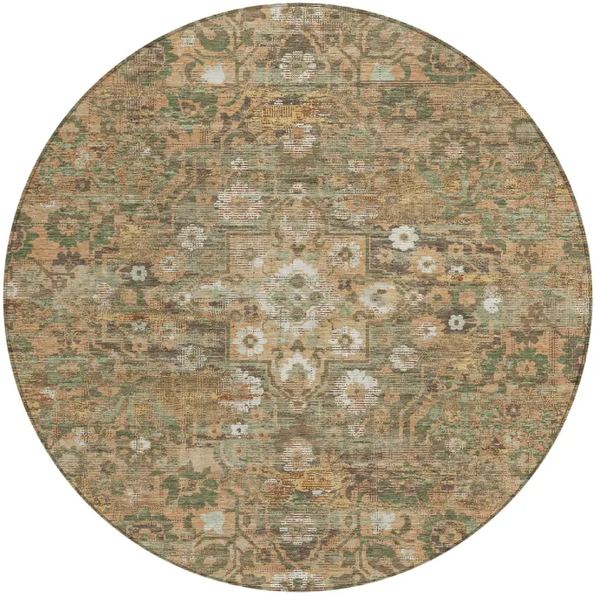 8' Copper And Orange Round Floral Medallion Washable Indoor Outdoor Area Rug Photo 2