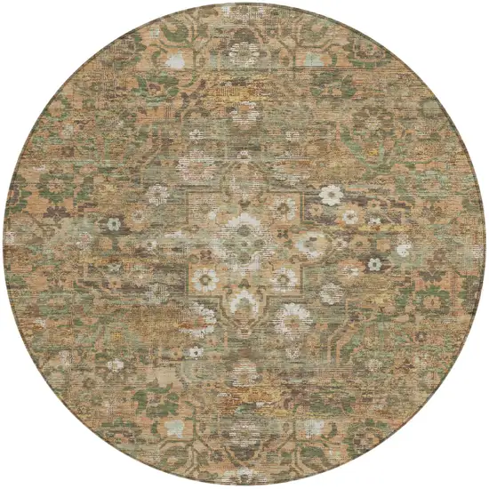 8' Copper And Orange Round Floral Medallion Washable Indoor Outdoor Area Rug Photo 2