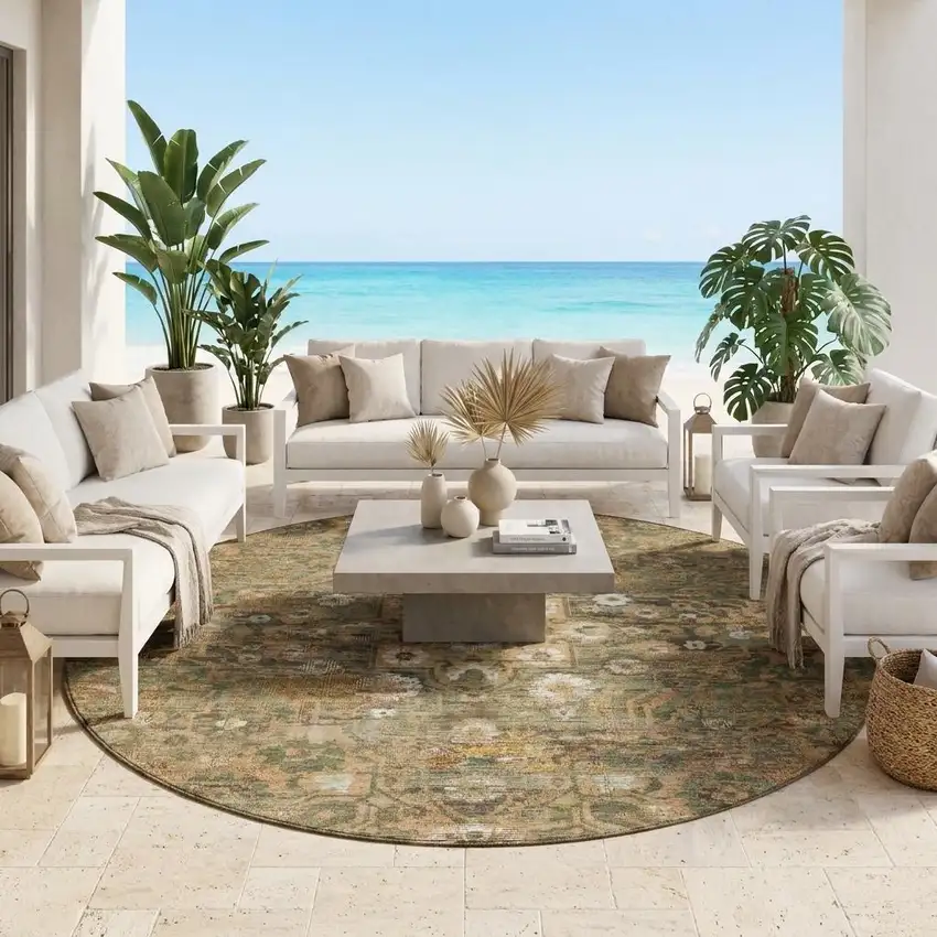 8' Copper And Orange Round Floral Medallion Washable Indoor Outdoor Area Rug Photo 1