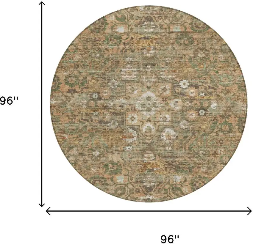 8' Copper And Orange Round Floral Medallion Washable Indoor Outdoor Area Rug Photo 5