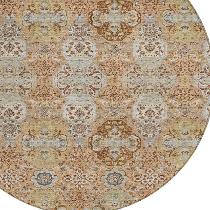 8' Copper And Orange Round Floral Washable Indoor Outdoor Area Rug Photo 3