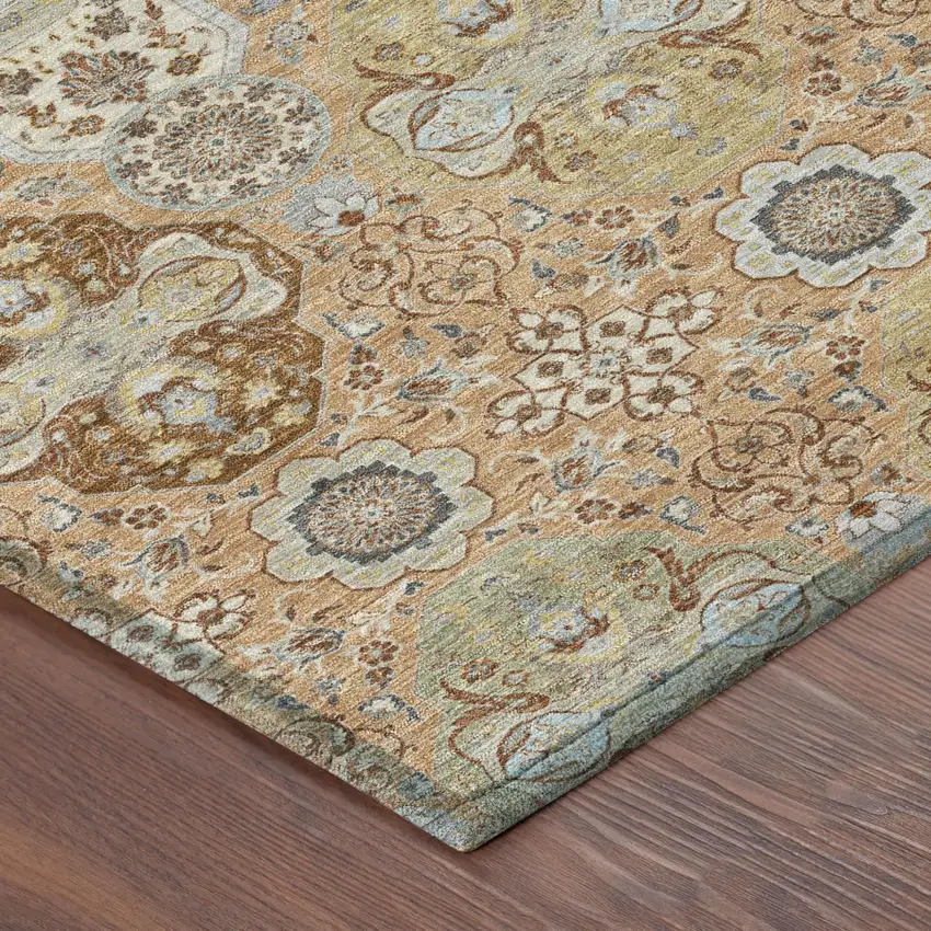 8' Copper And Orange Round Floral Washable Indoor Outdoor Area Rug Photo 5