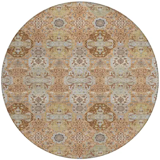 8' Copper And Orange Round Floral Washable Indoor Outdoor Area Rug Photo 2