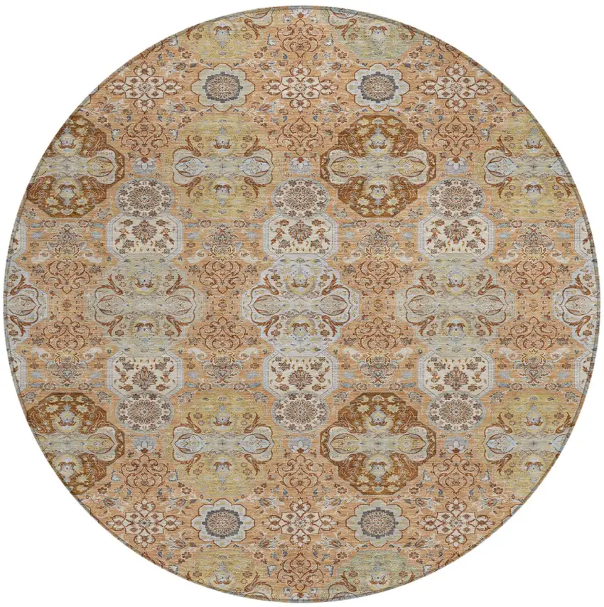 8' Copper And Orange Round Floral Washable Indoor Outdoor Area Rug Photo 2