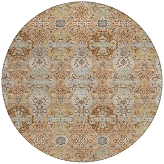 8' Copper And Orange Round Floral Washable Indoor Outdoor Area Rug Photo 4
