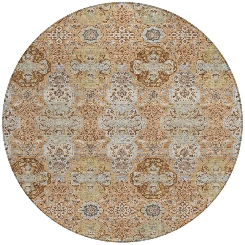 8' Copper And Orange Round Floral Washable Indoor Outdoor Area Rug Photo 4
