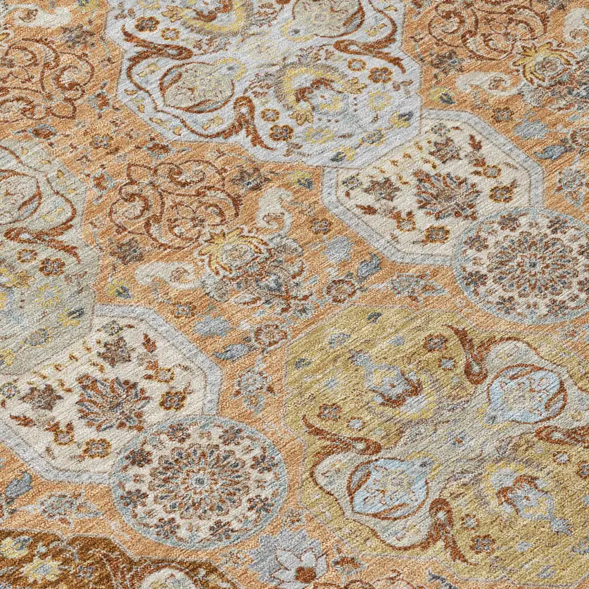 8' Copper And Orange Round Floral Washable Indoor Outdoor Area Rug Photo 6