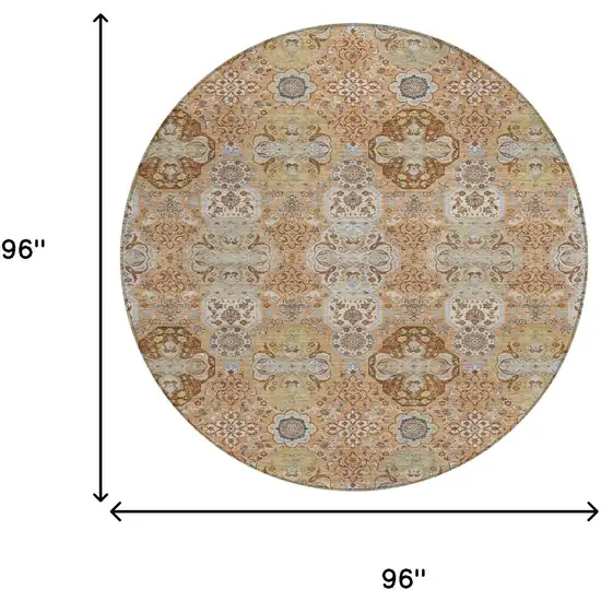 8' Copper And Orange Round Floral Washable Indoor Outdoor Area Rug Photo 7