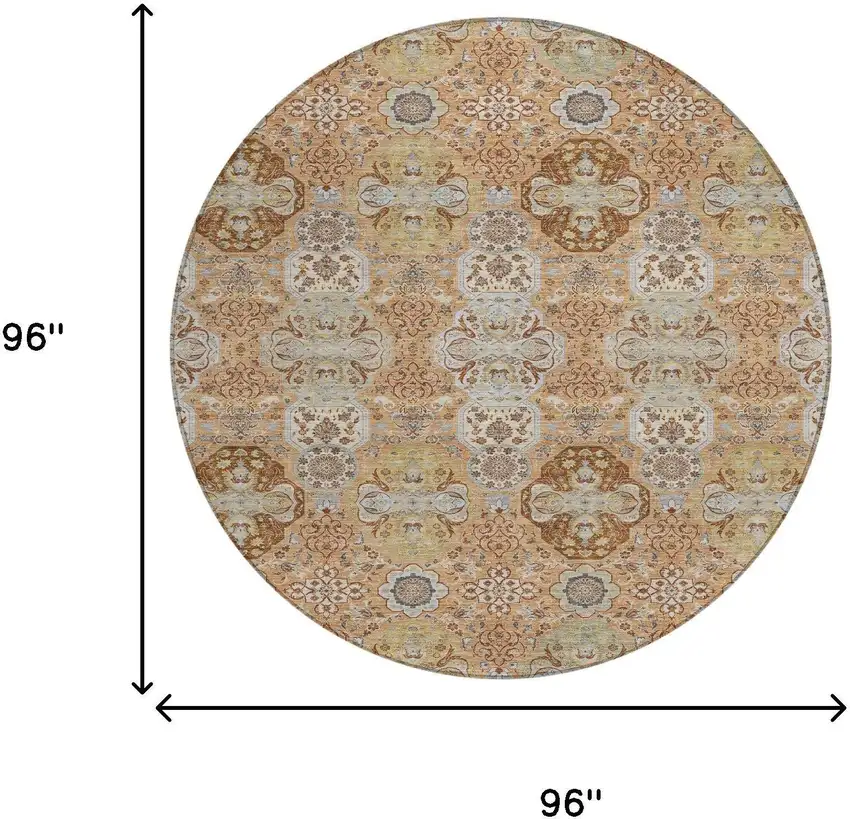 8' Copper And Orange Round Floral Washable Indoor Outdoor Area Rug Photo 7