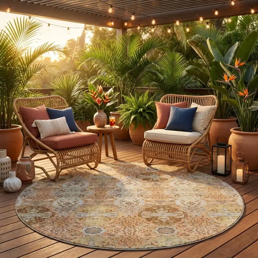 8' Copper And Orange Round Floral Washable Indoor Outdoor Area Rug Photo 1