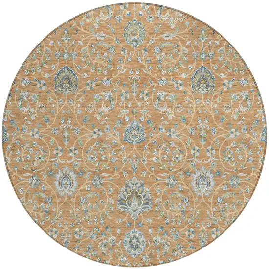 8' Copper And Orange Round Floral Washable Indoor Outdoor Area Rug Photo 2