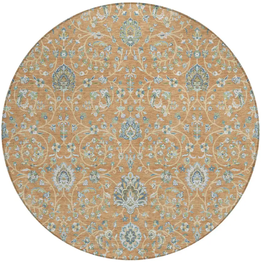8' Copper And Orange Round Floral Washable Indoor Outdoor Area Rug Photo 2