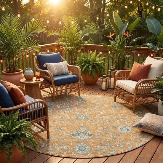8' Copper And Orange Round Floral Washable Indoor Outdoor Area Rug Photo 1