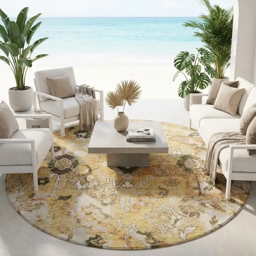 8' Copper And Orange Round Floral Washable Indoor Outdoor Area Rug Photo 1