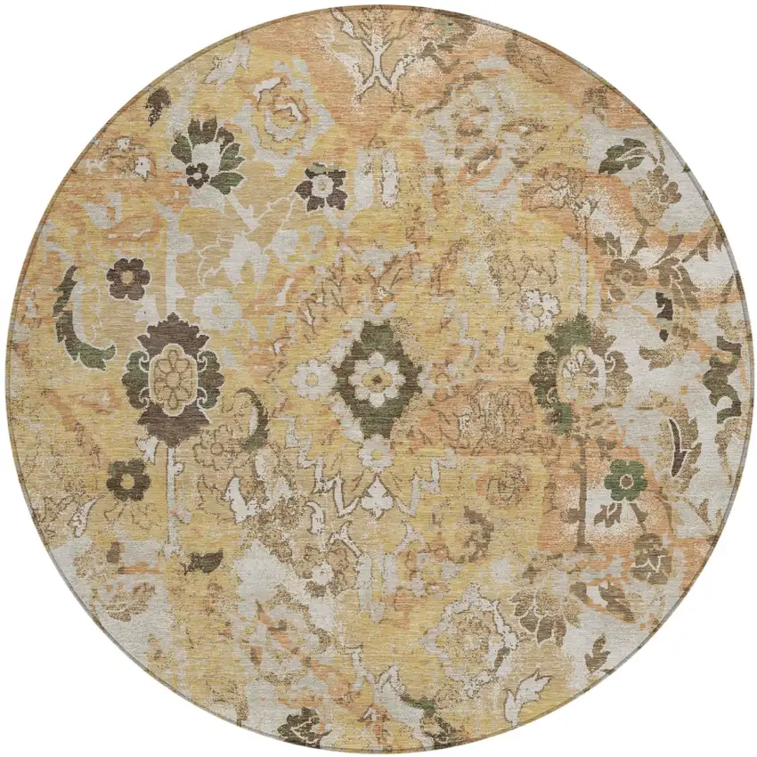 8' Copper And Orange Round Floral Washable Indoor Outdoor Area Rug Photo 2