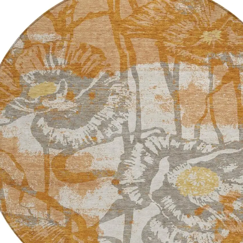 8' Copper And Orange Round Floral Washable Indoor Outdoor Area Rug Photo 2