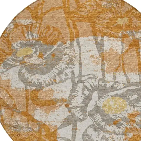 8' Copper And Orange Round Floral Washable Indoor Outdoor Area Rug Photo 2