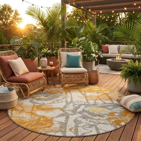 8' Copper And Orange Round Floral Washable Indoor Outdoor Area Rug Photo 1
