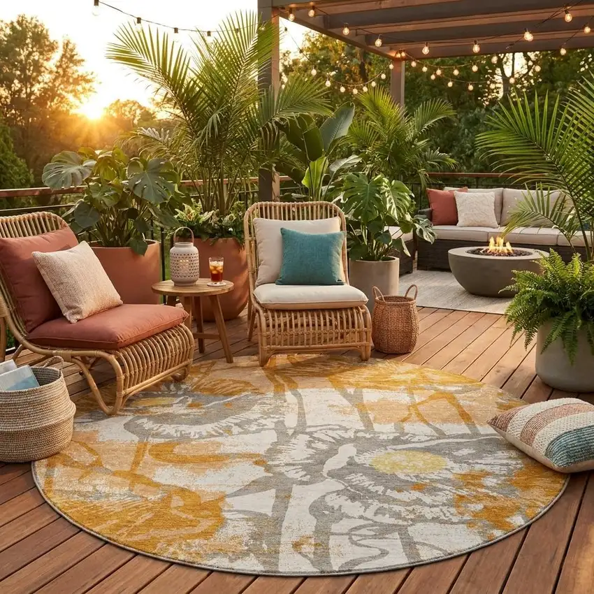 8' Copper And Orange Round Floral Washable Indoor Outdoor Area Rug Photo 1