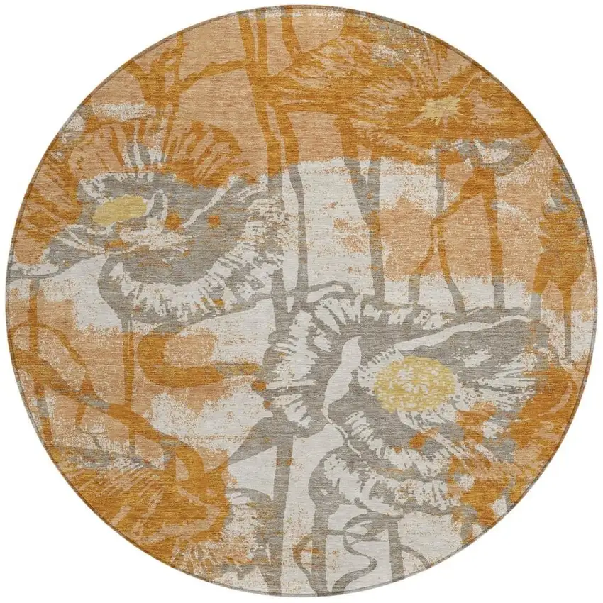 8' Copper And Orange Round Floral Washable Indoor Outdoor Area Rug Photo 4