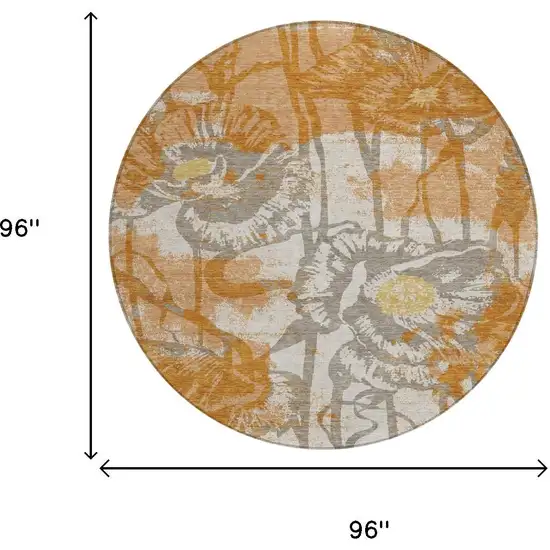 8' Copper And Orange Round Floral Washable Indoor Outdoor Area Rug Photo 7