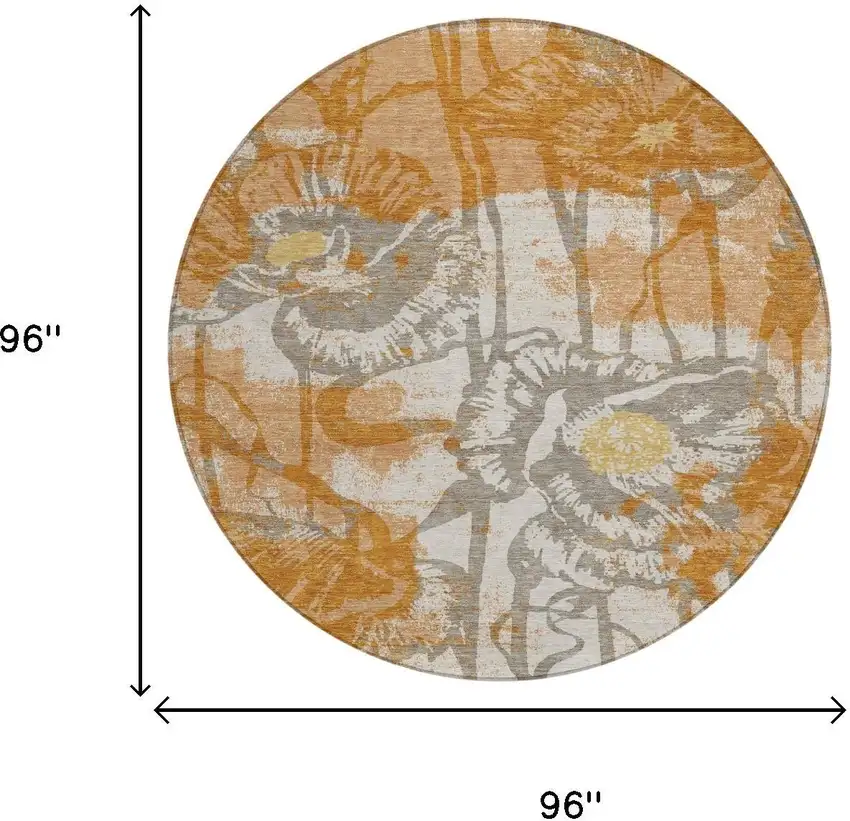 8' Copper And Orange Round Floral Washable Indoor Outdoor Area Rug Photo 7