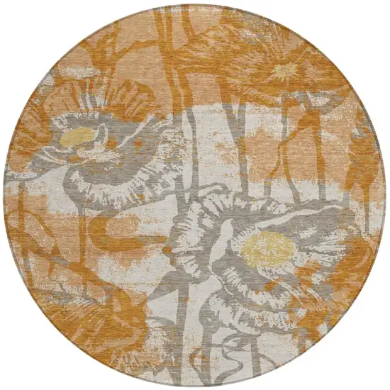 8' Copper And Orange Round Floral Washable Indoor Outdoor Area Rug Photo 1