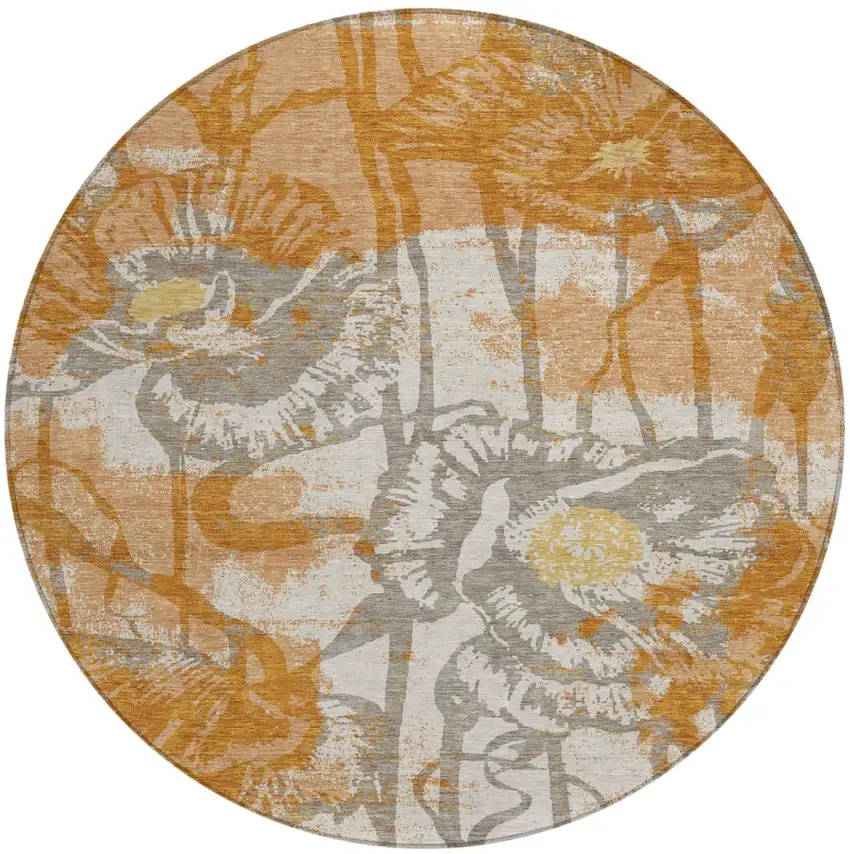 8' Copper And Orange Round Floral Washable Indoor Outdoor Area Rug Photo 1