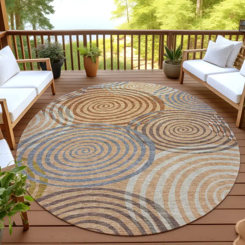 8' Copper And Orange Round Geometric Washable Indoor Outdoor Area Rug Photo 4