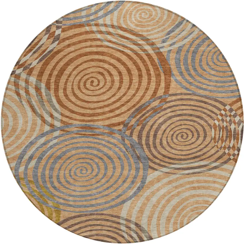 8' Copper And Orange Round Geometric Washable Indoor Outdoor Area Rug Photo 1