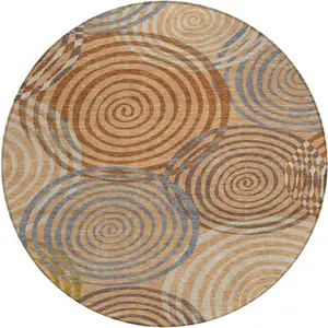 Photo of 8' Copper And Orange Round Geometric Washable Indoor Outdoor Area Rug