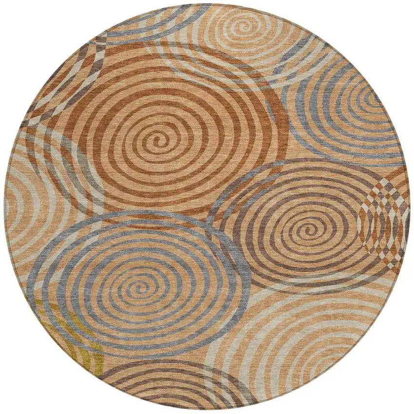 8' Copper And Orange Round Geometric Washable Indoor Outdoor Area Rug Photo 3