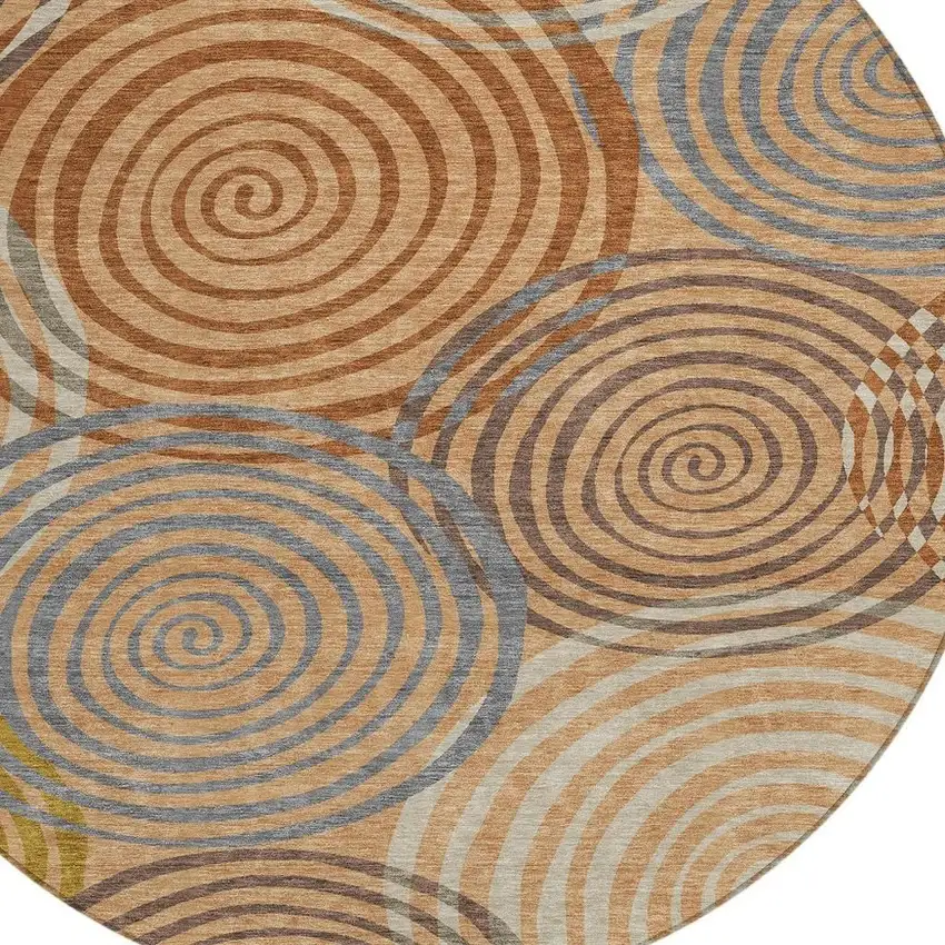 8' Copper And Orange Round Geometric Washable Indoor Outdoor Area Rug Photo 2