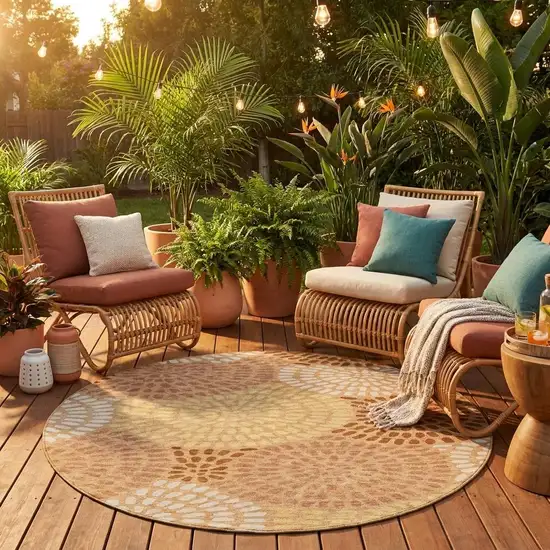8' Copper And Orange Round Geometric Washable Indoor Outdoor Area Rug Photo 1