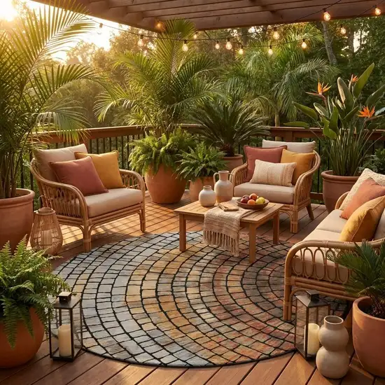 8' Copper And Orange Round Geometric Washable Indoor Outdoor Area Rug Photo 1